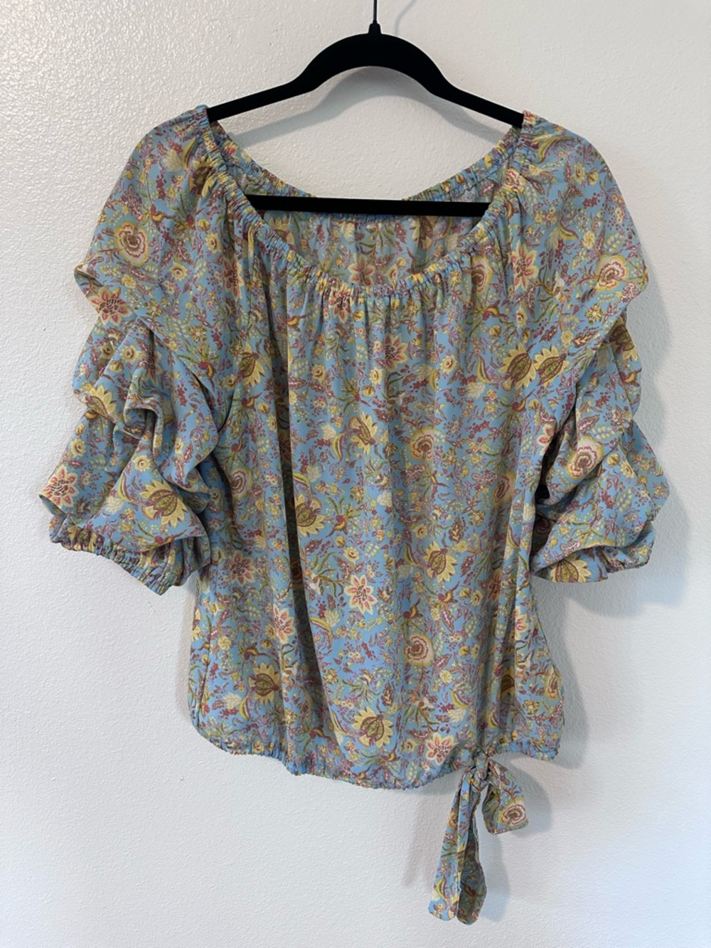 Boho Off Shoulder Floral Blouse Blue Ruffle Sleeve Tie Hem Peasant Top Womens L